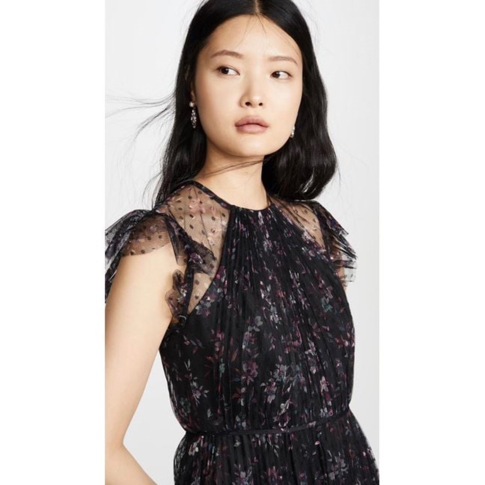 JILL STUART Floral‎ Tulle Sheer Dot Ruffle Flutter Sleeve Pleated Maxi Gown 0 - Picture 3 of 15